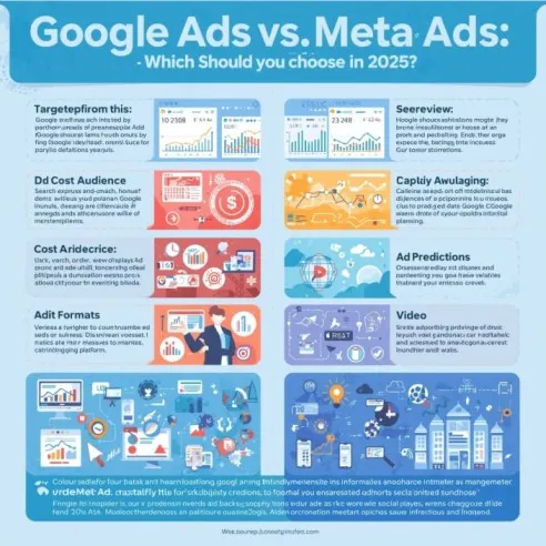 Targeting
Google Ads:

Search intent-driven targeting (people searching for specific keywords).

Meta Ads:

Audience-based targeting (people’s interests, demographics, behaviors).

Cost & Audience
Google Ads:

Usually higher cost per click due to competition on search keywords.

Meta Ads:

Often lower cost per impression; better for broader awareness.

Ad Formats
Google Ads:

Primarily text ads in search results, shopping ads, display banners.

Meta Ads:

Rich visual formats: carousel, collection, Stories.

Performance & Analytics
Google Ads:

Strong reporting tools with keyword-level performance.

Meta Ads:

Detailed demographic insights, creative-level performance.

Video
Google Ads:

YouTube integration for video advertising.

Meta Ads:

Facebook and Instagram video ads, Reels.

Ad Predictions
Google Ads:

Automated bidding and forecasting tools.

Meta Ads:

AI predictions for likely conversions.

Other Visual Elements
Charts, icons, and illustrations to show examples of:

Impressions and click stats

Video ad engagement

Audience profiles

Bottom Section
A blue footer summarizing that brands often use both platforms together:

Google Ads = intent + conversion

Meta Ads = discovery + awareness

The footer emphasizes testing and optimization to decide which platform best suits your objectives.
